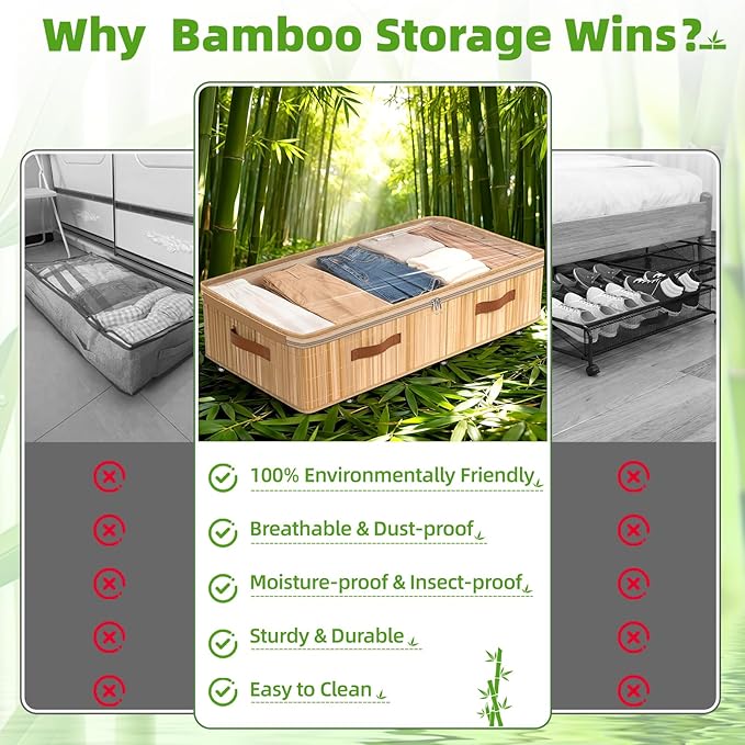 Livole Bamboo Under Bed Storage with Wheels, 6 inches Underbed Storage Containers, 56L XXL Rolling Under Bed Storage Bins with Clear Lid & Label for Clothes, Blankets, Sweater, Shoes, 1 Pack