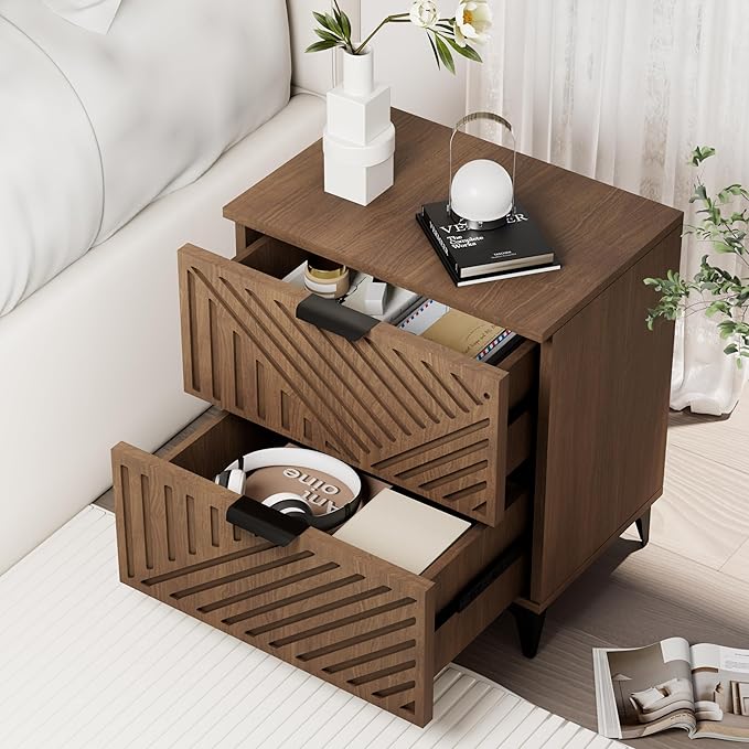 Royal Windsor Small Fluted Nightstand Set of 2 with 2 Drawers, Side End Table, Small Accent Storage Cabinet,Modern Night Stand Bedside Table for Bedroom Full Size Bed, Brown