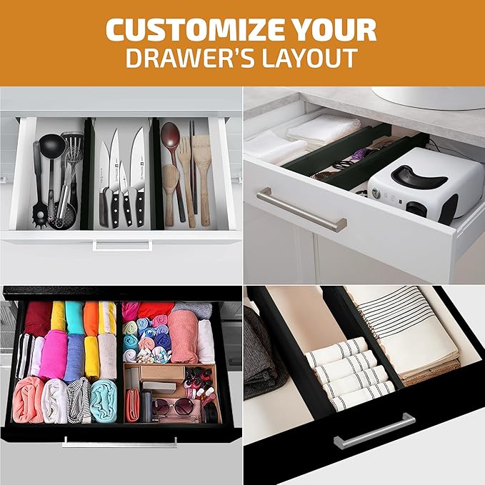 Bambüsi 4 Pack Drawer Dividers - 2.6" High, 16-22" Adjustable Drawer Bamboo Organizers for Clothes, Expandable Dresser Separators in Bedroom/Bathroom/Kitchen/Office Organization and Storage (Black)