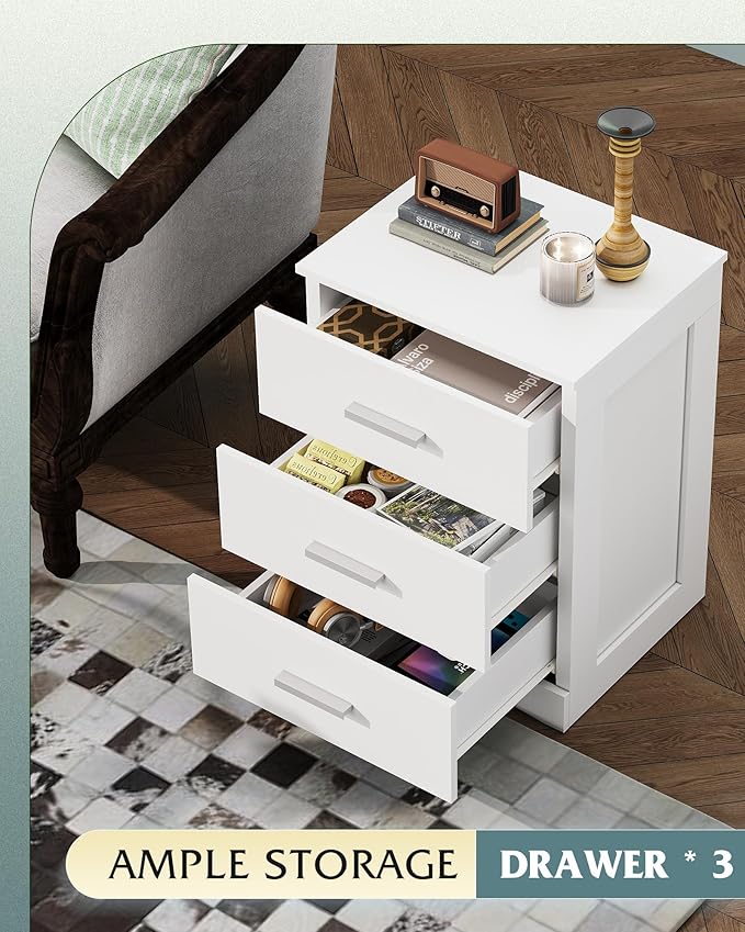 WLIVE White Night Stand with 3 Drawers, Small Nightstand with Storage, Wooden Bedside Table Modern End Table for Bedroom, Living Room, Office, 12.9" D x 16" W x 21.6" H