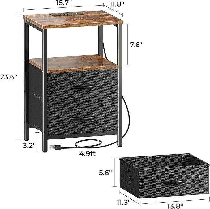 Huuger Nightstands Set of 2, End Tables with Charging Station, Side Tables with Fabric Drawers, Bedside Tables with USB Ports and Outlets, Night Stands for Bedroom, Rustic Brown and Black