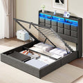 Lift Up Queen Bed Frame with Storage, Upholstered Bed Frame Queen Size with LED Lights Headboard and Charging Station, No Box Spring Needed, Easy Assembly - Dark Grey