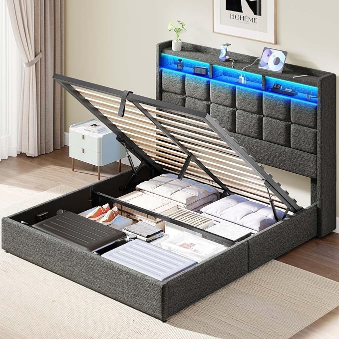 Lift Up Queen Bed Frame with Storage, Upholstered Bed Frame Queen Size with LED Lights Headboard and Charging Station, No Box Spring Needed, Easy Assembly - Dark Grey