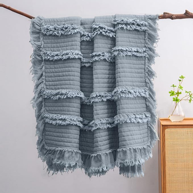 Ultra Soft Pre-Washed Quilted Boho Dark Blue King Size Blankets for Bed, Ruffle Fringed Decorative Throw, Stone Washed Chic Rustic Blanket for Sofa Couch Bed, 104"*90"