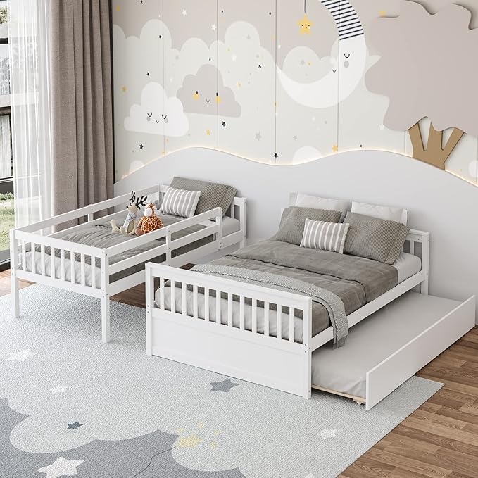 Giantex Twin Over Full Bunk Bed with Trundle, Convertible Platform Bed Frame with Ladder, Solid Wood Frame & Safety High Guardrails, Space-Saving Bunk Bed for Teens & Kids, No Box Spring Needed, White