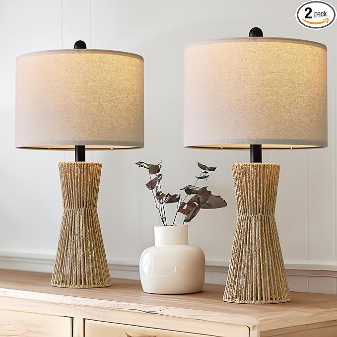 OYEARS 22.5" Table Lamps for Living Room,Boho Lamps Set of 2 for Bedrooms, Bedside Lamp for Nightstands, Rattan Lamp, Farmhouse Table Lamp for Room Decor, End Table, Retro, Brown（Not Include Bulbs）