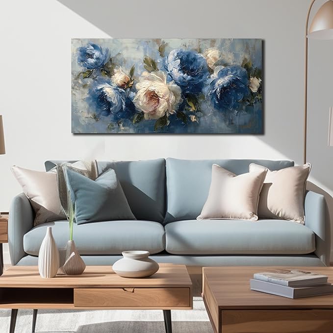 JuhaiArt Flower Wall Art for Living Room Bedroom Home Office White Wall Decor Floral Wall Picture Blue Prints Peony Artwork Art 24" x 48"