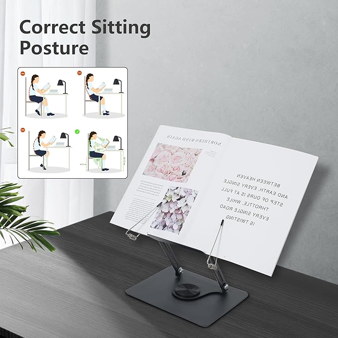 Book Stand for Reading, Multi-Angle & Height Book Holder with 360° Swivel Base, Lightweight Foldable Cookbook Stand for Kitchen, Office, Textbook, Recipe, Music Scores, Kindle, Tablet