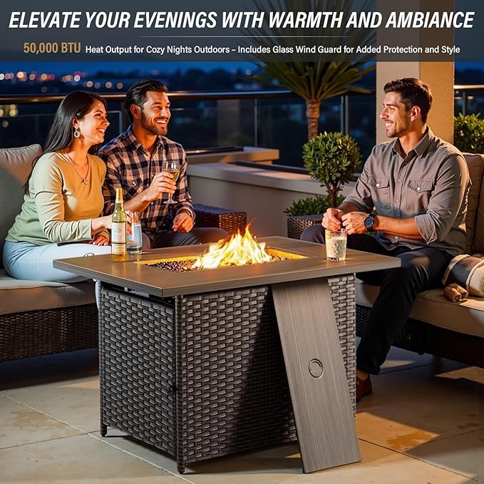 Belord Luxurious 7 Piece Patio Furniture Set with Fire Pit Table, High Back Wicker Swivel Rocker Glider Outdoor Chairs with 6" Cushion, All-Weather Patio Conversation Set for Yard Garden - Brown/Beige