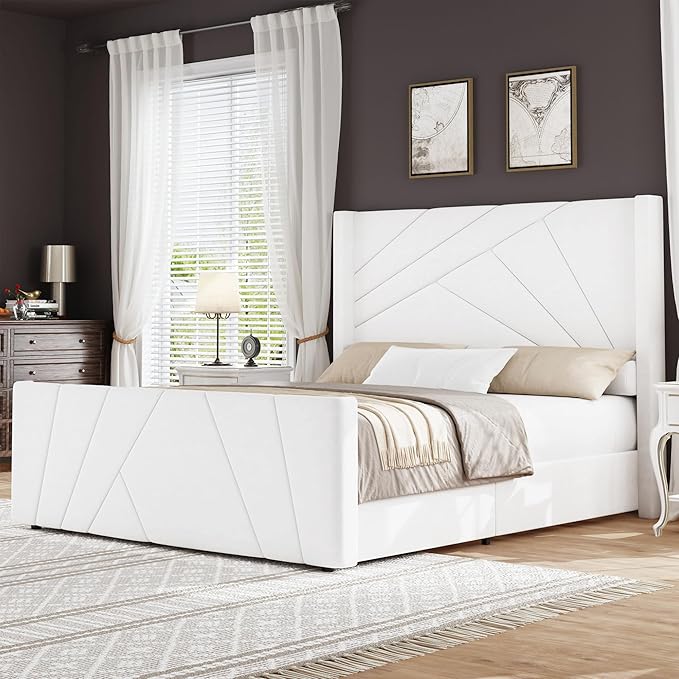 BarnFurin Queen Size Bed Frame, Velvet Upholstered Platform Bed with Geometric Tufted Headboard & Footboard, Wingback Design, Mattress Foundation with Wooden Slats, Cream White
