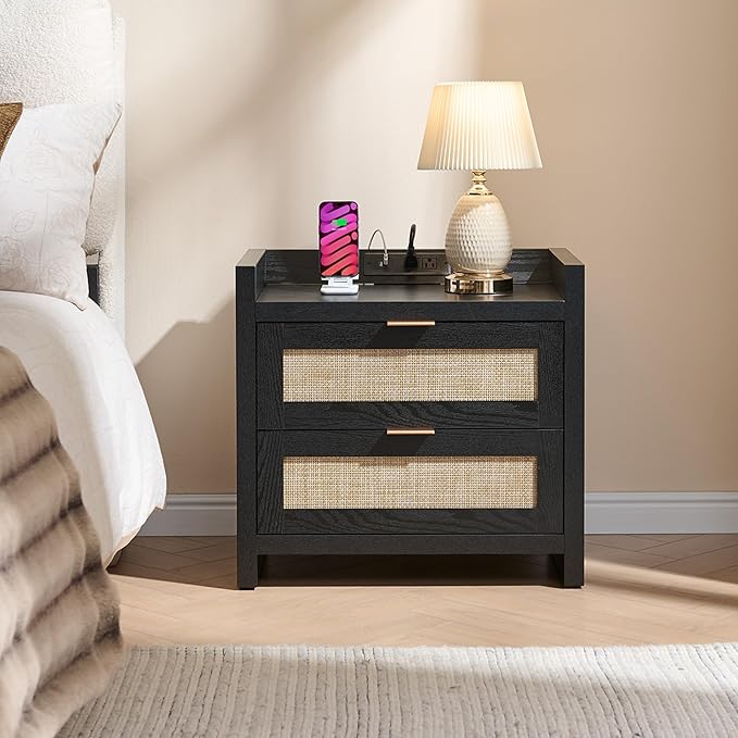 SICOTAS Night Stand Bedside Table - Rattan Nightstand End Table with Type-C Charging Station, 2 Drawers Storage Boho Night Stands for Bedroom - Black Oak