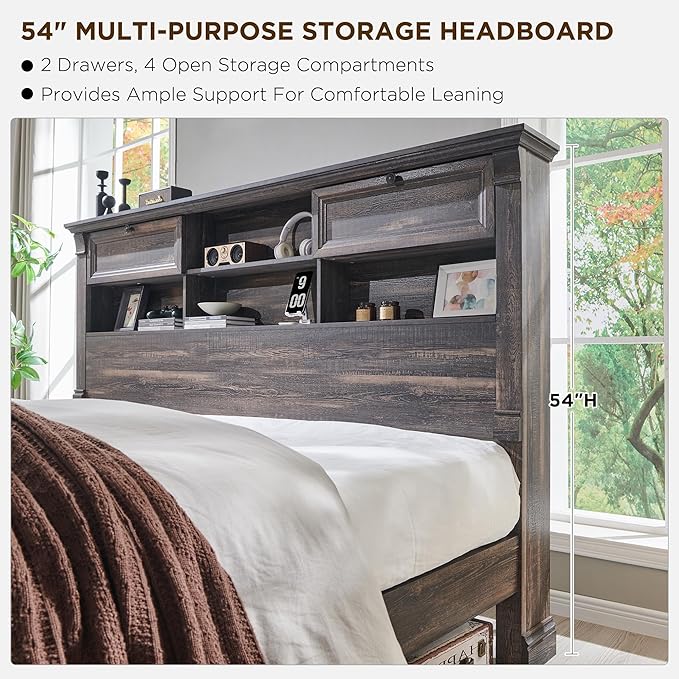 T4TREAM Farmhouse Queen Size Bed Frame with 54" Tall Storage Bookcase Headboard, Wood Platform Bed Frame with 18" Tall Roman Column Decoration Footboard & 2 Drawers(Dark Rustic Oak)