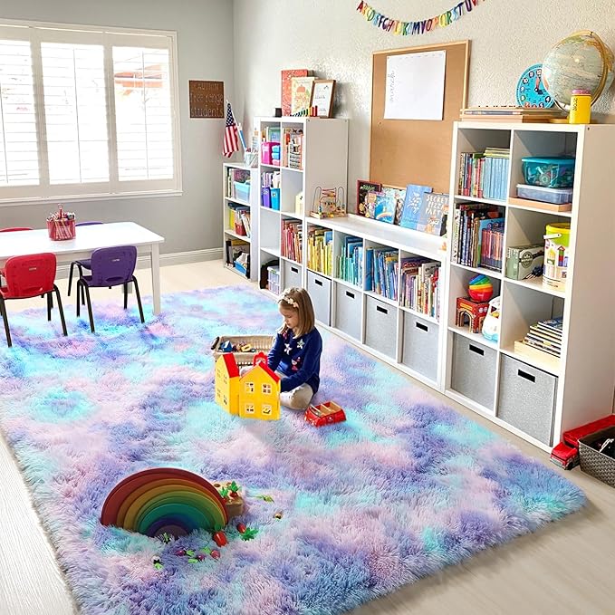 PAGISOFE 9x12 Rainbow Large Area Rug for Bedroom Girls, Cute Kawaii Purple Rainbow Princess Rugs for Kids Room Playroom Nursery Classroom, Plush Mermaid Rug,Clorful Room Decor for Teenage Pastel Rugs