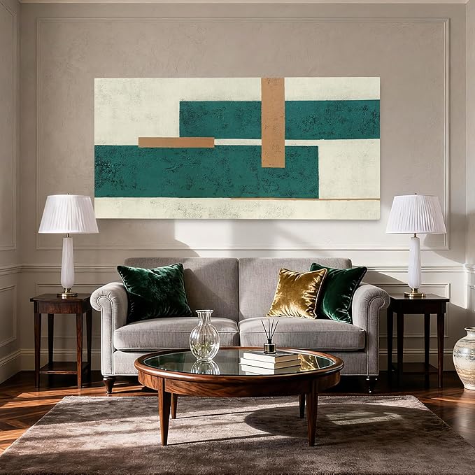 YETHEN WAL Teal Green Abstract Canvas Wall Art Geometric Textured Wall Decor Minimalist Modern Rectangular Art for Living Room Bedroom Office 24x48 Inch