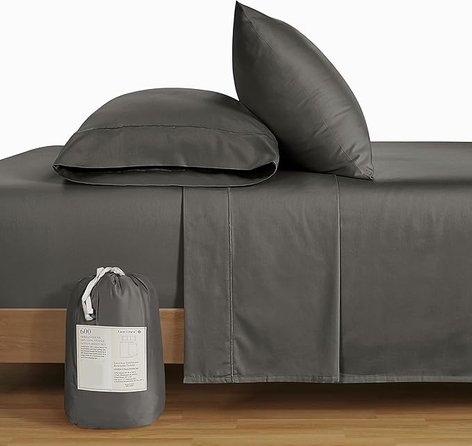 LANE LINEN Queen Size Bed Sheets Set – 600 Thread Count 100% Natural Cotton Cooling Sheets, Hotel Luxury Soft Sateen Finish, Snug Fit 15" Deep Pocket Elasticized Fitted Sheet – Charcoal