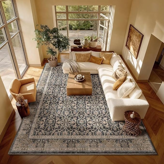 Washable 8x10 Area Rugs for Living Room, Boho Non-Slip Vintage Distress Large Rugs for Bedroom Dining Room Nursery Office, 0.3" Neutral Oriental Throw Thin Carpet, Black/Brown/Blue/Multi