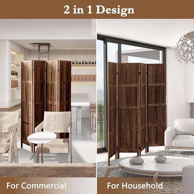 4 Panel Room Divider, 5.6Ft Wood Room Dividers and Folding Privacy Screens, Room Divider Wall Freestanding Room Partitions, Room Dividers Screen for Home Office Bedroom, Dark Brown