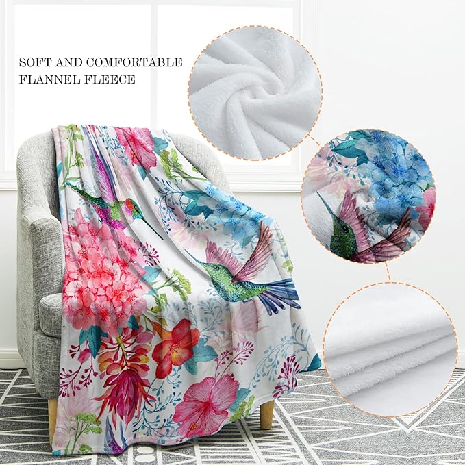 Jekeno Hummingbird Floral Blanket Bird Colorful Flowers Christian Blanket Birthday Christmas for Women Men Mom Wife Girls Bedroom Living Room Mother's Day Decor Plush Throw 60"x80"