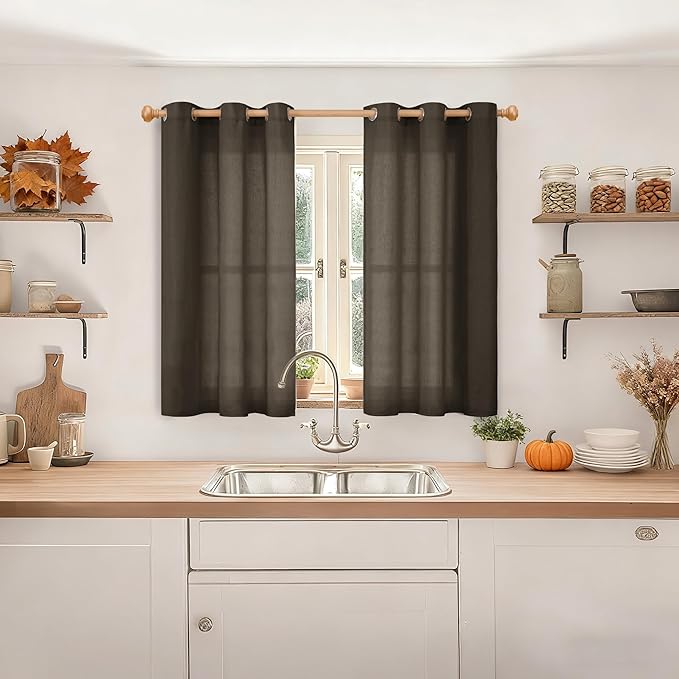 YoungsTex Dark Brown Linen Semi Sheer Curtains 45 Inches Length for Kitchen, Light Filtering Drapes with Grommet Privacy for Short Window Living Room, 2 Panels, 42 X 45 Inch