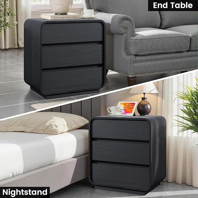 Black Curved Night Stand Set of 2 with Charging Station, 25" Tall Wood Bedside Table Nightstand with 3 Storage Drawers, Mid Century Modern End Table for Bedroom, Office