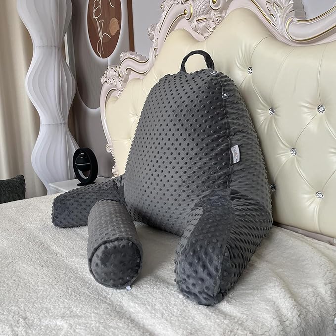 Reading Pillow for Sitting in Bed, Extra Large Backrest Support Cushion with Arms, Sit up Back Pillow Shredded Memory Foam back support Chair Pillow, Bed Rest Pillows with pocket, Detachable Neck Roll