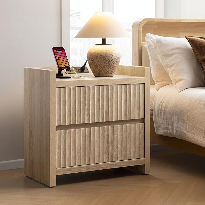 SICOTAS Night Stands Set of 2-Fluted Nightstands with Charging Station- Large Nightstand Bedside Table End Table with 2 Drawers, 25" Tall Mid Century Modern Night Stand for Bedroom, Sofa Side