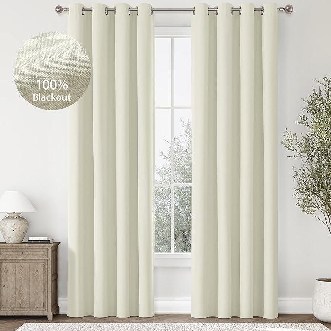 ChrisDowa 100% Blackout Iovry Solid Curtains 84 Inches Long 2 Panels for Bedroom Living Room,Farmhouse Room Darkening Thermal Insulated Soundproof Grommet Top Window Treatment Drapes,52x84