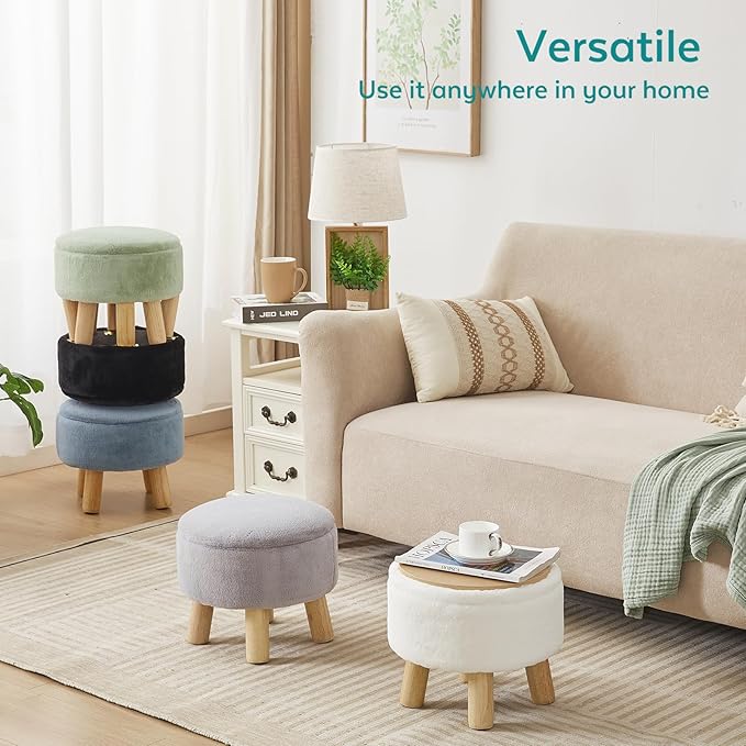FIMIVIBI Small Foot Stool Ottoman with Storage, Soft Faux Fur Ottoman Foot Rest for Couch, Round Footstool with Storage, Small Ottomans and Footstools for Living Room and Entryway (Black)