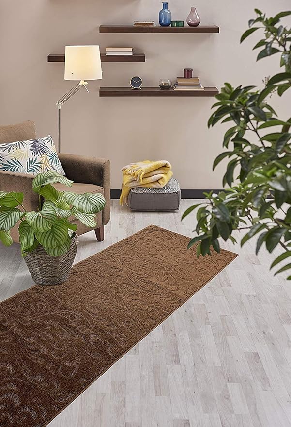 Custom Length Hallway Runner Rug,Slip Resistant,Floral Brown, 26 Inch X 16 feet, Sold and Priced Per Foot
