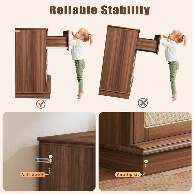 9 Drawer Dresser for Bedroom, 60 Inch Long Dressers & Rattan Chest of Drawers, Boho Style, Large TV Stand for 55, 65, 70 Inch TV, for Bedroom, Living Room, Entryway, Hallway, Walnut