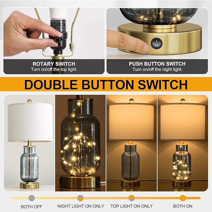 Oneach 22" Glass Table Lamps Set of 2, Gray Modern Bedside Lamp with LED Night Light for Living Room, Nightstand Lamp with USB Ports for Bedrooms, Study Room, End Table(2 Bulbs Included)
