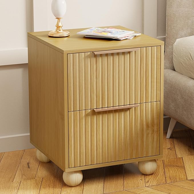 Fluted Nightstand Set of 2, Natural Oak Finish Bedside Table with Spacious Storage Drawers, Night Stand with Solid Wood Round Legs for Bedroom, End Table, Side Table