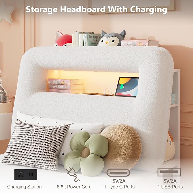 Twin LED Bed Frame with Storage Headboard & Charging Station, Kids Bed Frames with Bookcase, Teddy Fleece Upholstered Platform Bed Frames with 1 Storage Drawer, No Box Spring Needed, Beige
