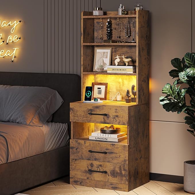 VIAGDO Tall Nightstand with Charging Station and LED Lights, Rustic Brown Night Stand with Bookshelf, Modern LED Bedside Table with 3 Drawers and Storage Shelves, End Side Table for Bedrooms, Dorms