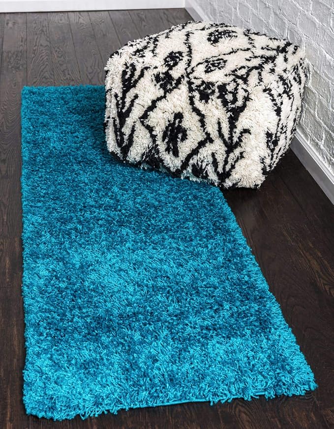 Unique Loom Solid Shag Collection Area Rug (2' 6" x 13' 1" Runner, Turquoise)