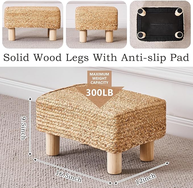 Wimarsbon Natural Seagrass Footstool Ottoman Rectangular Footrest Pouf Ottomans with Wooden Legs Hand Weave Step Stool for Living Room Bedroom Entryway Natural