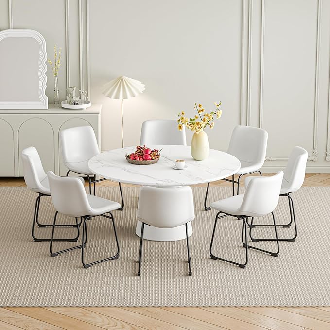 Dining Chairs Set of 6, 18 Inch Modern Armless Dining Chair with Back, Faux Leather Kitchen Dining Room Chair with Metal Legs for Home, Bistro Coffee Shops (White)