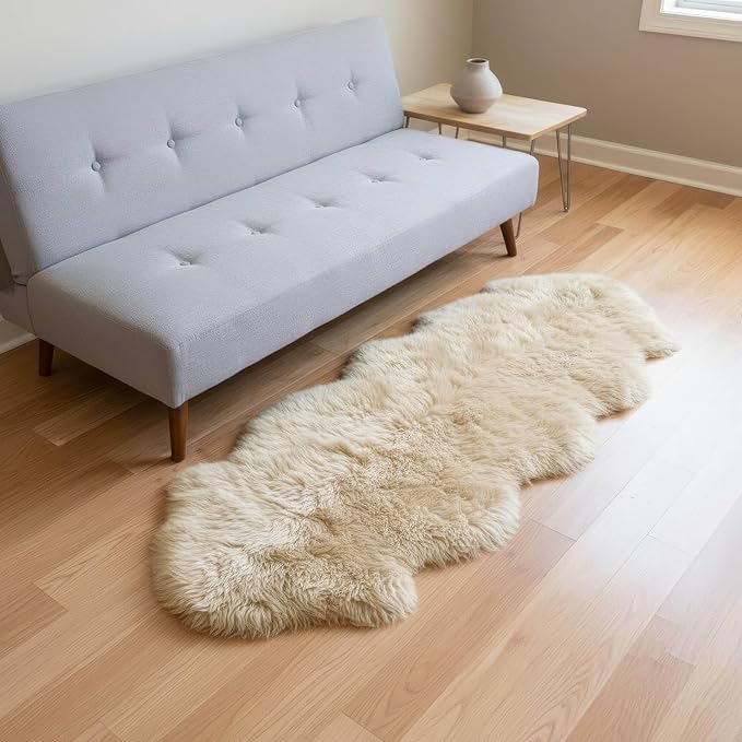 Premium Champagne Sheepskin Rug Genuine Double 2x6ft Pelt Fluffy Fur Rug for Bedrooms