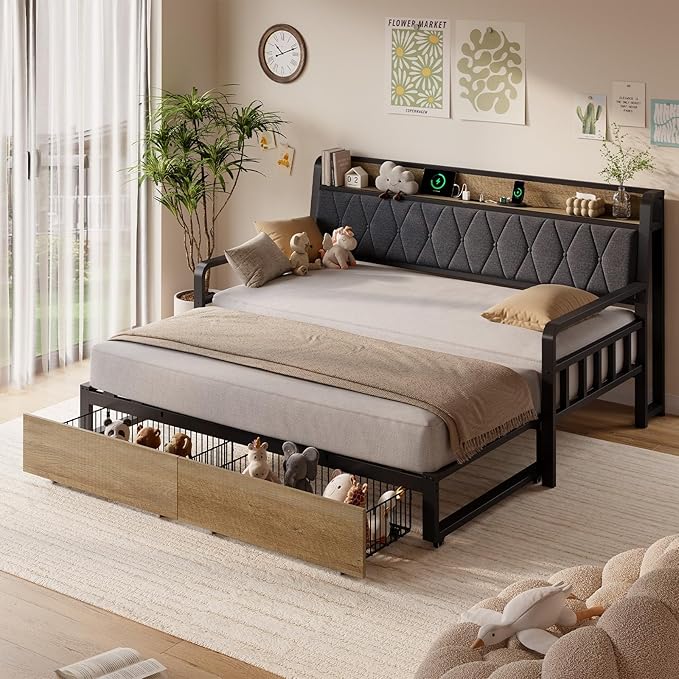 ONBRILL Twin Daybed with Trundle, Twin to King Daybed with Pop up Trundle, Metal Twin Day Bed Frame with Storage Drawers, Upholstered Headboard & Power Outlet for Living Room & Guest Room, Black