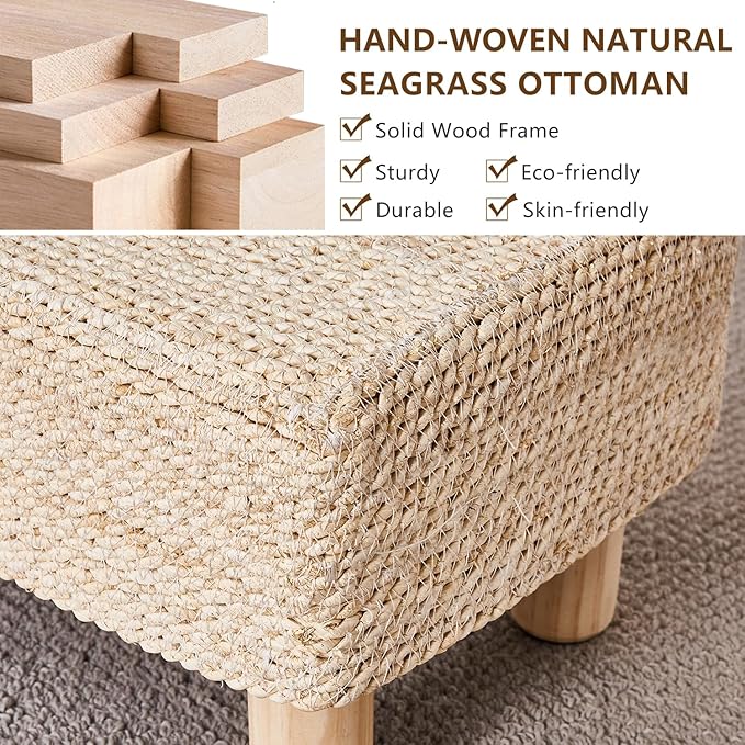 Wimarsbon Natural Seagrass Footstool Ottoman Rectangular Footrest Pouf Ottomans with Wooden Legs Hand Weave Step Stool for Living Room Bedroom Entryway Natural White