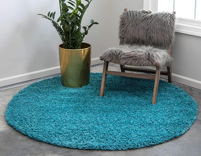 Unique Loom Solid Shag Collection Area Rug (8' Round, Deep Aqua Blue)