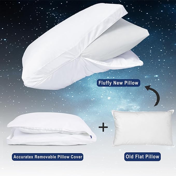 ACCURATEX Fluffy Pillow Cover, 100% Cotton Shell Filled with Down Alternative, Revive Old Flat Pillows, L Shaped Zipper Pillow Protector for Standard Size Pillow, Removable & Machine Washable