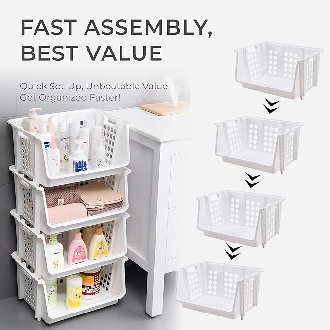 TidyFriend Medium Stackable Storage Bins for Pantry - 4 Pack, Stackable Bins For Organizing Food, Kitchen, and Bathroom Essentials (White)