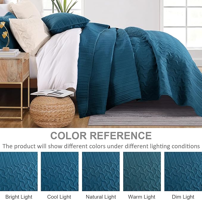 Yiran Teal Blue Quilt Set King Size Lightweight Bedspread Ultrasonic Wave Pattern Soft Microfiber Coverlet for All Season Modern Style 3 Piece Bed Cover Sets with 2 Pillow Shams (106"x96")