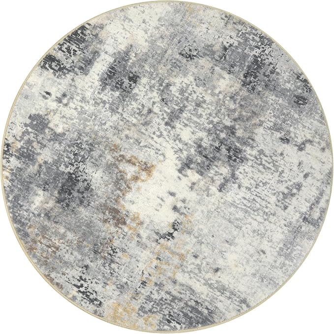 Lahome Modern Abstract Round Rug - 4Ft Grey Small Bathroom Rug Indoor 4x4 Circle Rugs Washable Kitchen Mat, Non Slip Contemporary Bedroom Carpet for Living Dining Room Office Nursery