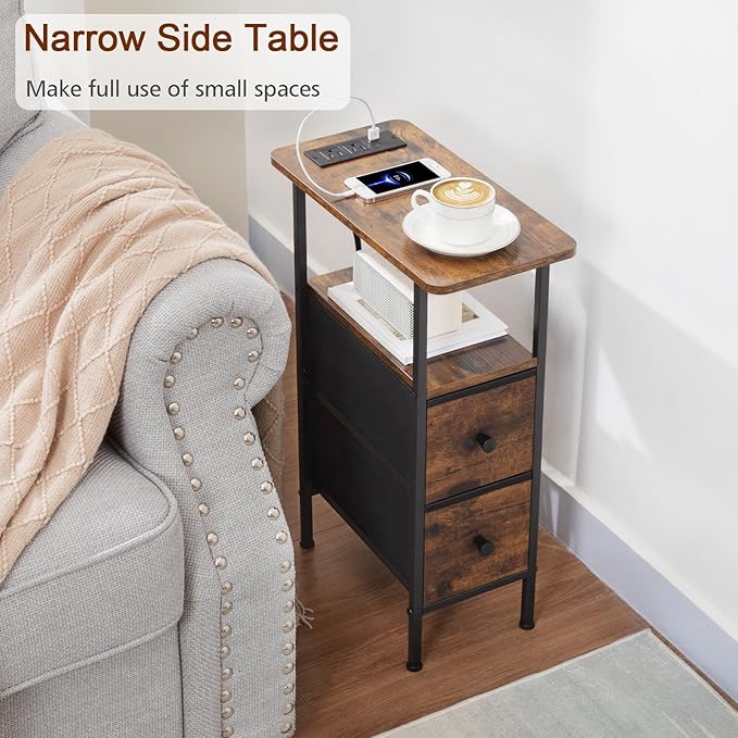 LOAKEKEL Narrow End Table Living Room with Charging Station, Skinny Side Table with Fabric Drawers, Slim Nightstand for Bedroom, Small Spaces, Couch, Brown, HETNDP02BR-1