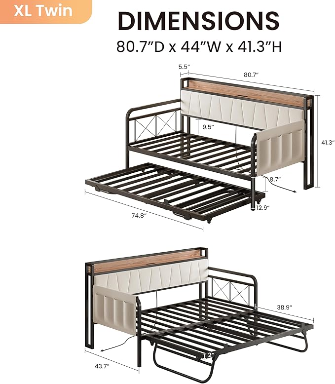 LIKIMIO Daybed with Trundle Bed, Twin XL Bed Frame with Storage Headboard and Charging Station, Sofa Day Bed with Strong Supports for Living Room, Bedroom, and Guest Room, Beige