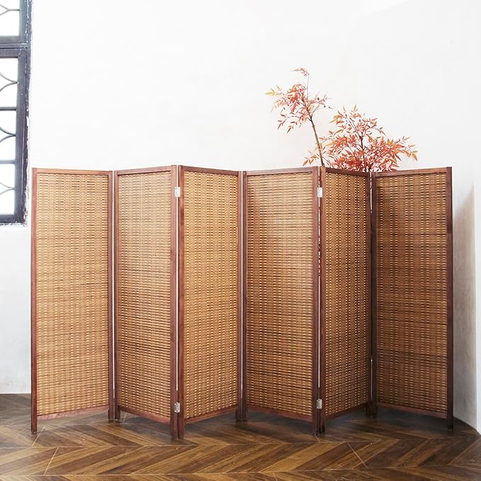 6 Panel Short Room Divider Screen,Brown Freestanding Partition,Small Bamboo Panel Divider for Room Seperation,3.95 FT Tall