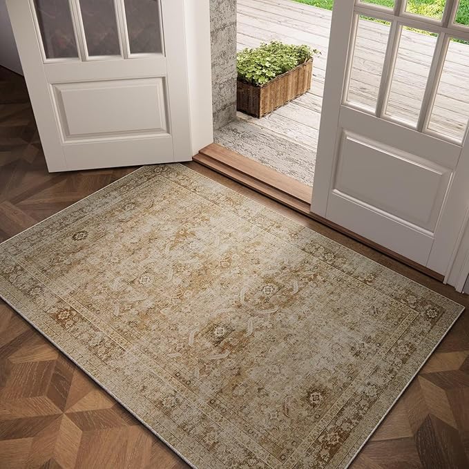 Washable 3x5 Entryway Rug, Boho Non-Slip Vintage Distress Small Rugs for Kitchen Nursery Office Bedroom, 0.3" Neutral Oriental Throw Thin Carpet with Cushioning Pad, Brown/White/Multi