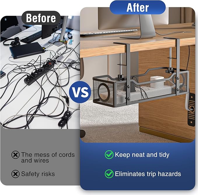 Under Desk Cable Management Tray, GZOKMOG Cord Management with Upgraded Clamp No Drill, Metal Cable Management Box for Home Office, Wire Management for Standing Desk, 2 Pack Black, 13.38 inch